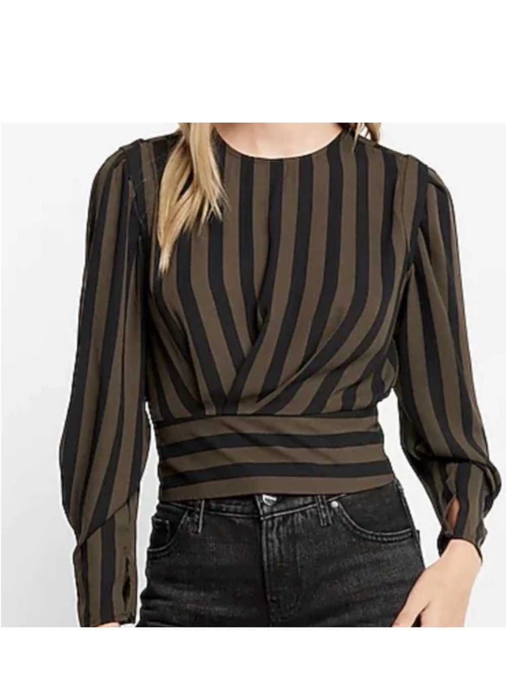 Express  Olive Green & Black Striped Puff Sleeve Cropped Blouse